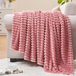 Fleece Throw Blanket for Couch – 3D Ribbed Jacquard Soft and Warm Decorative Fuzzy Blanket – Cozy, Fluffy, Plush Lightweight Pink Throw Blankets for Bed, Sofa, 50x60 inches