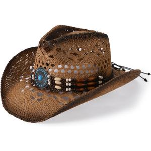 Straw Cowboy Hat for Men Womens Straw Cowgirl Hat Summer Western Cowboy Hats with Wide Brim for Cowgirls and Cowboys (Medium, Brown)