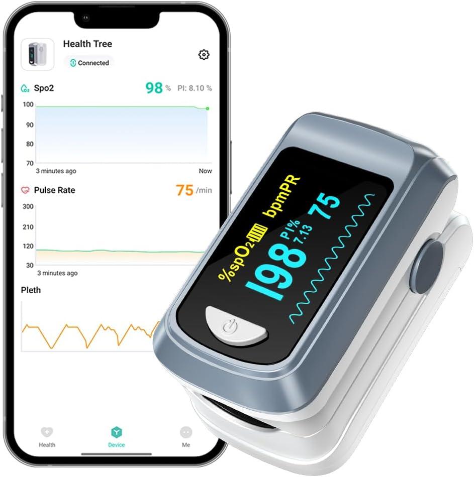 Pulse Oximeter HealthTree Oxygen Monitor Fingertip, Bluetooth Pulse Ox with Free APP, O2 Pulse Oximeter Finger and Heart Rate Monitor, 2 X AAA Batteries, Lanyard (Gray)