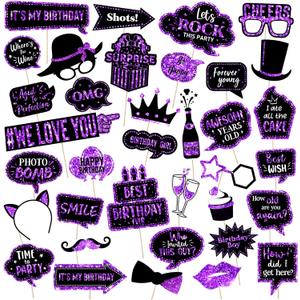 Outus 36 Pcs Birthday Photo Booth Props Kit Happy Birthday 40th- 50th-60th Photobooth Graduation Wedding New Year Party Decor Funny Cute Prom Disco Mardi Gras Holiday Supplies(Purple and Black)