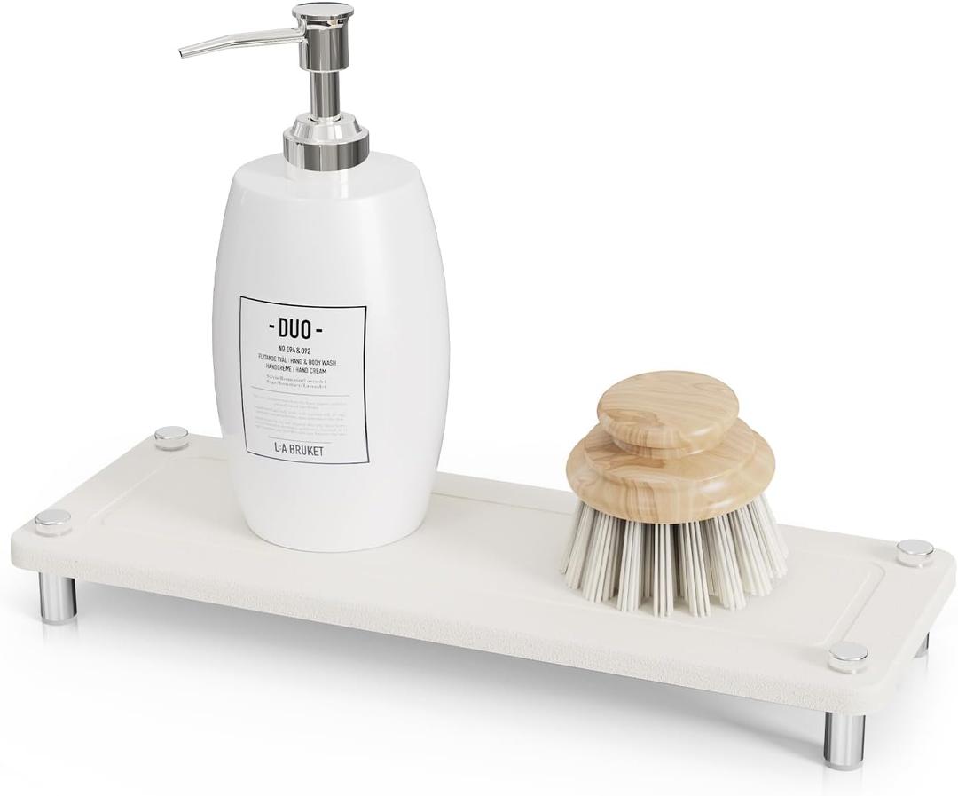 Kitchen Sink Caddy Water Absorbing Stone Tray For Sink, Diatomite Bathroom Countertop Tray Organizer, Faucet Stone Drying Mat Coaster Soap Dish Sponge Dispenser Holder (White)
