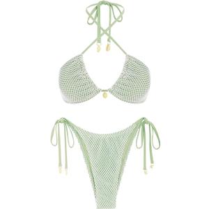 seamoly Women's Bikini Sets Halter Fishnet Shell Decorated Two Piece Swimsuit Sexy Side Tie Thong Bandeau Bathing Suits (L)