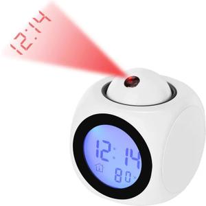 with Voice Talking LED Time Temperature for BedroomProjection Alarm Clock for Bedrooms Digital Voice Report Alarm Clock 12/24 HDigital Electric Clocks Projection On Ceiling, Bedside, Office (White)