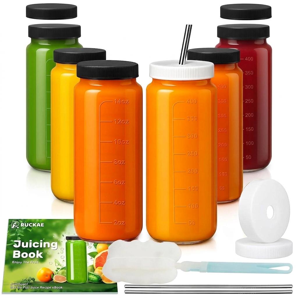 Ruckae 16oz 7 Pack Juice Bottles, Glass Bottles Juicing with Lids, Smoothie Cup Lids and Straws, Water Bottle Mason Jar Drinking Glasses for Juicing, Smoothies, Kombucha