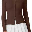 QINSEN Womens Long Sleeve Crewneck Cardigan Sweater Lightweight Button Down Knit Tops Outerwear (Medium, Brown)