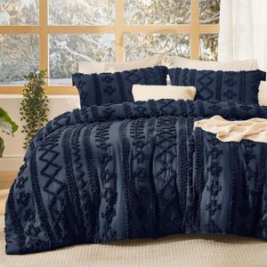 Bedsure Tufted Boho Comforter Set Queen Size - Navy Boho Bed Set, GentleSoft 3 Pieces Farmhouse-Style Embroidery Bedding, Gifts for Woman, Soft Jacquard Queen Comforter for All Seasons (22 - Navy - Elegant)