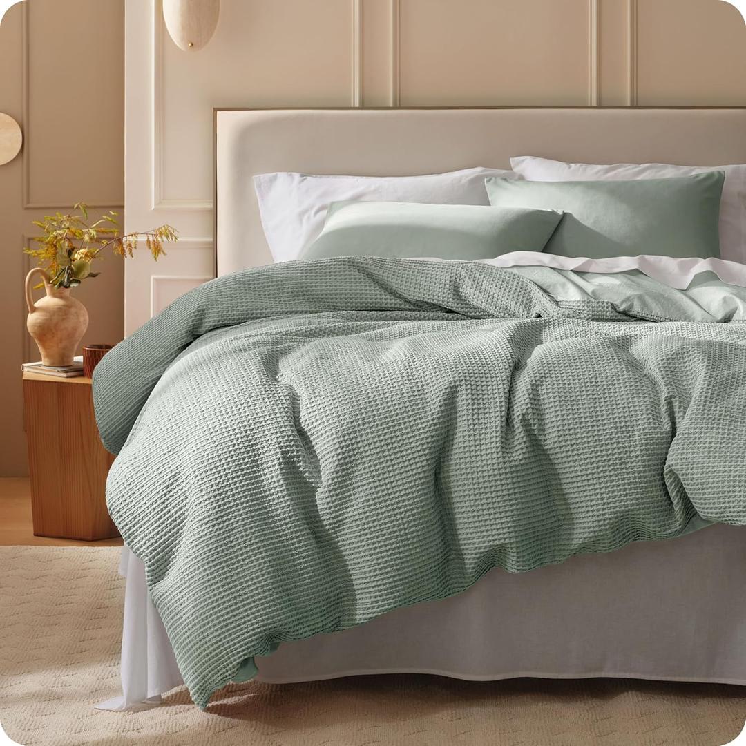 Bedsure Cotton Duvet Cover Queen Size - 100% Cotton Waffle Weave Sage Green Duvet Cover, PureWoven Textured Breathable Bedding Comforter Cover for All Season, 1 Duvet Cover Only 90"x90"