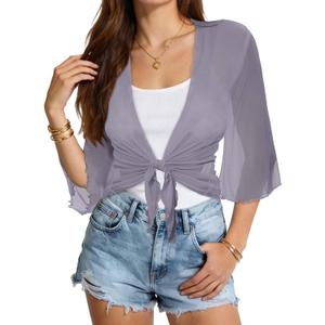 Women's Short Cardigan Bolero Shrug Sheer Tie Front Top 3/4 Sleeve Jacket for Dress S