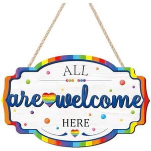 HOURIA 3D All are Welcome Here Door Sign(11.4”x7.5”),Colorful Rainbow Love Heart Classroom Welcome Door Hanger, Rustic Pride Month LGBTQ Party Wall Hanging Sign for Home Office Classroom School