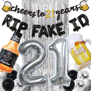 21st Birthday Decorations for Him - Black & Silver Party Decor with Cheers 21 Years Banner, Curtains, Confetti & Number Balloons