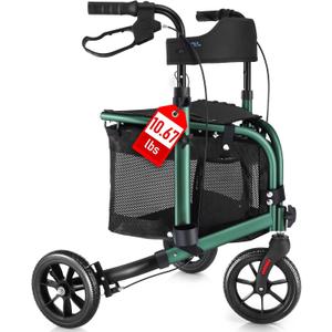 WALK MATE 3 Wheel Rollator Walker with Seat for Slim Seniors, Padded Backrest Lightweight Foldable Travel Walker Ideal for Elderly, 8 Inch Tri-Wheel Modern Mobility Walking Aid Aluminum, Green
