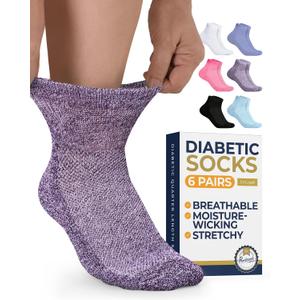 Pembrook Ankle Diabetic Socks for Women & Men | 6 Pairs | Wide Non Binding Socks Quarter Length | Edema Neuropathy Socks, L