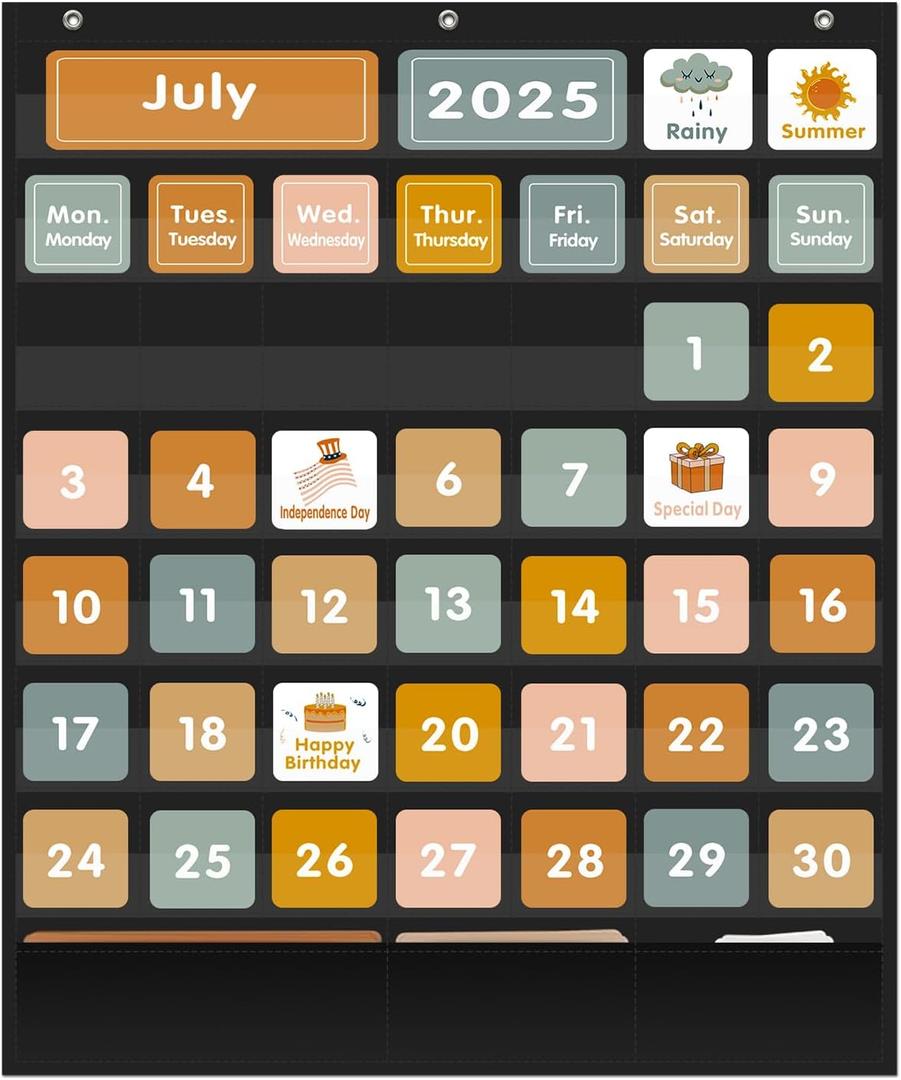 REGELETO Boho 46+3 Pockets Calendar Pocket Chart with 92 Cards for Classroom,Large Size: 28.75 x 24 inch Black Monthly Calendar and Weather Pocket Chart for Students Learning for Home or School