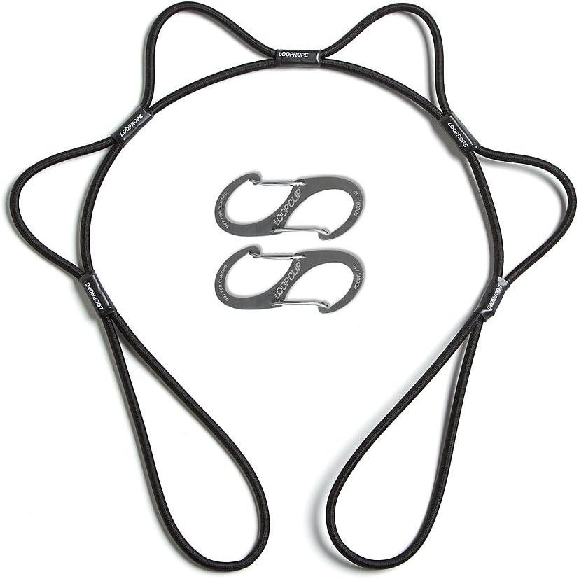 LoopRope 3ft Heavy Duty Bungee Cord with Hooks – Patented Adjustable Multi-Loop Tie Down System with Carabiners for Truck Bed, Trailer, ATV, RV, Knot-Free–Outdoor Accessory, Includes Carabiners-Black
