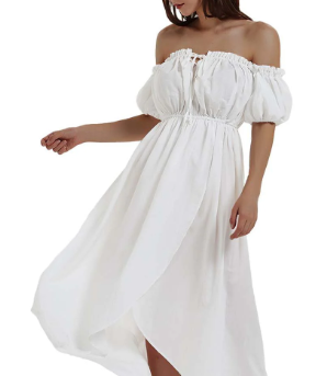 Women White Summer Fall Renaissance Dresses Casual Boho Lantern Sleeve Off Shoulder Fairy White Dress,  L