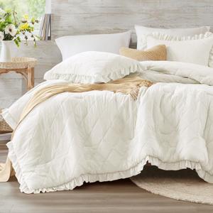 Fluffy Ruffle Shabby Chic Comforter Set, King/Cal King Ivory White, Washed Microfiber Bedding with Farmhouse Design for Cozy All-Season Sleep, 3 PCS