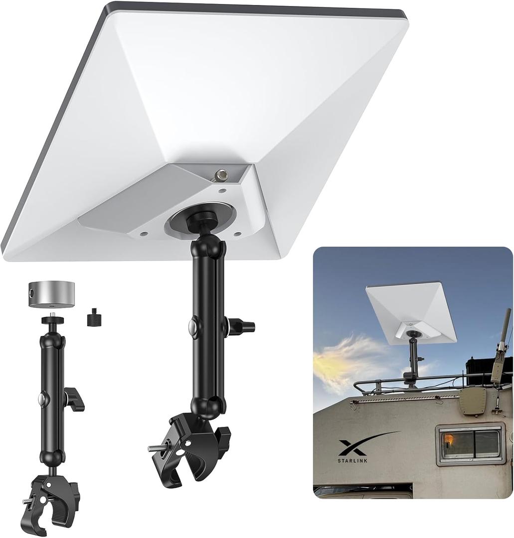 XLTTYWL 2025 Starlink Mini Pole Mount Kit, Aluminum Mini Starlink Tripod Adapter with 1/4"-20 & 3/8"-16 Thread and Adjustable Clamp Bracket for Star Link Mini X Dishy RV, Camper, Roof Rack, Balcony (Gray)