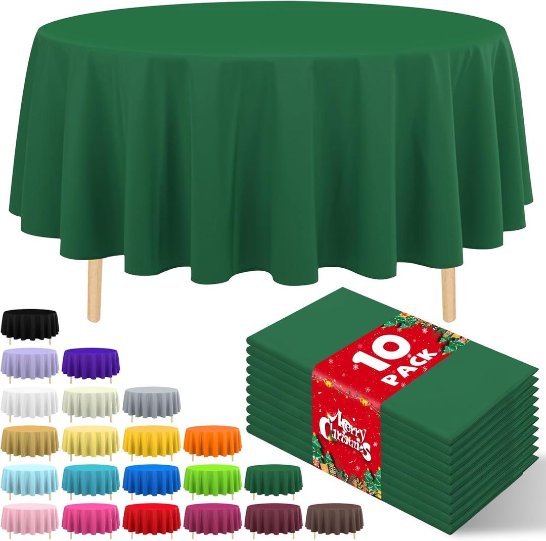 10 Pack Premium Disposable Plastic Tablecloth 84" Round Table Cover for Birthdays Weddings Christmas Anniversary Buffet Table (Green)