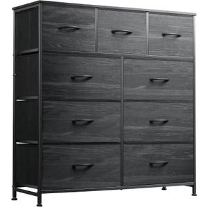 WLIVE 9-Drawer Dresser, Fabric Storage Tower for Bedroom, Entryway, Closet, Tall Chest Organizer Unit with Fabric Bins, Steel Frame, Wood Top, Easy Pull Handle, Charcoal Black Wood Grain Print
