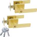 JO.KO 2 Pack Door Locks - Interior & Exterior Door Lever Handle with Keys - Golden Door Handles for Bedroom - Anti-Bump Resistant - Reversible for Right & Left Sided Doors (Polished Brass)