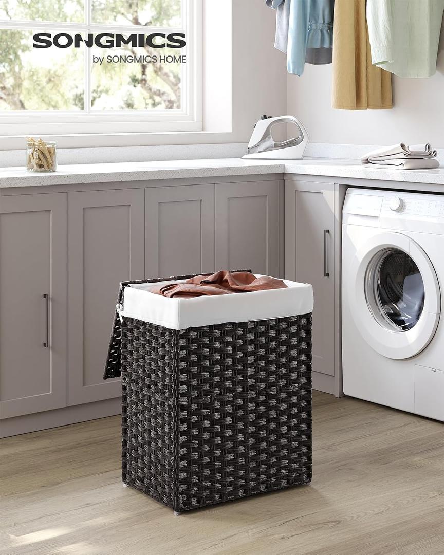 SONGMICS Laundry Hamper, 23.8 Gal. (90L) Laundry Basket, Collapsible Clothes Hamper, Removable and Washable Liner, Metal Wire Frame, for Bedroom Bathroom, Black and Gray ULCB190G01, 
SONGMICS Storage Basket 90L with Lid Foldable
Laundry Basket, Removable Fabric Bag with Handles, Black, ELIOTT Collection LCB051B01V1