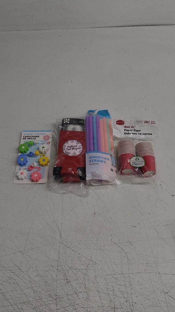 Drinking Set: Straw Toppers 6 Pcs, Trailblazers 6 Pcs, Straws 22 Pcs, 24 Cups 2 Oz