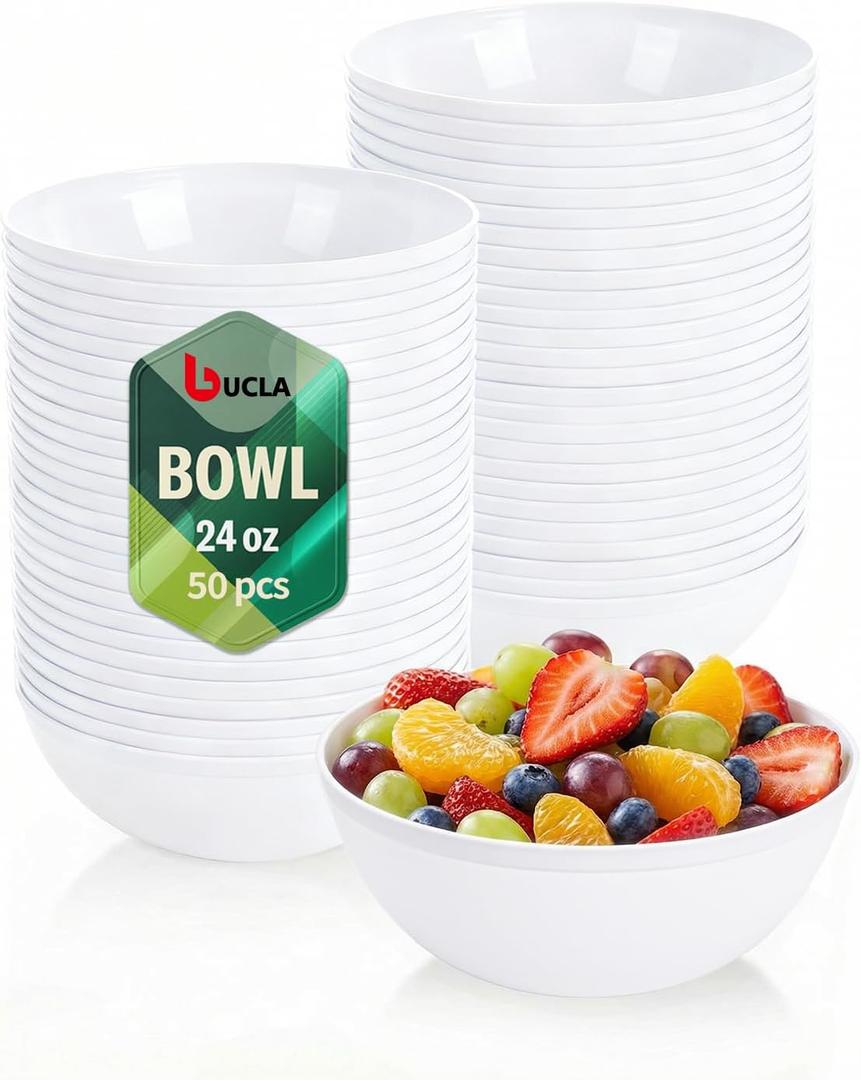 bUCLA 50 Pack White Plastic Serving Bowls - 24oz Disposable Bowls for Salad, Cereal, Dessert, Fruit & Chip - Ideal for Wedding & Party