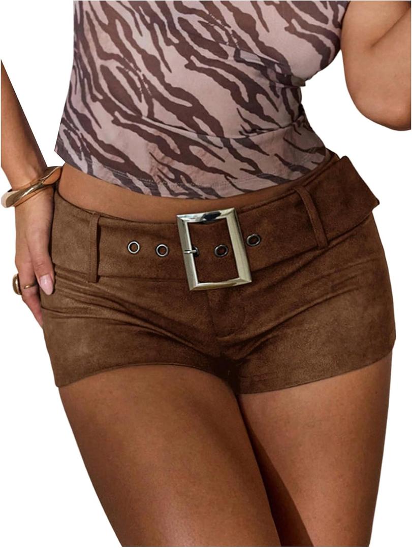 Floerns Women's Y2k Leather Mini Shorts Low Rise Buckle Belt Skinny Night Out Short Pants (Brown)