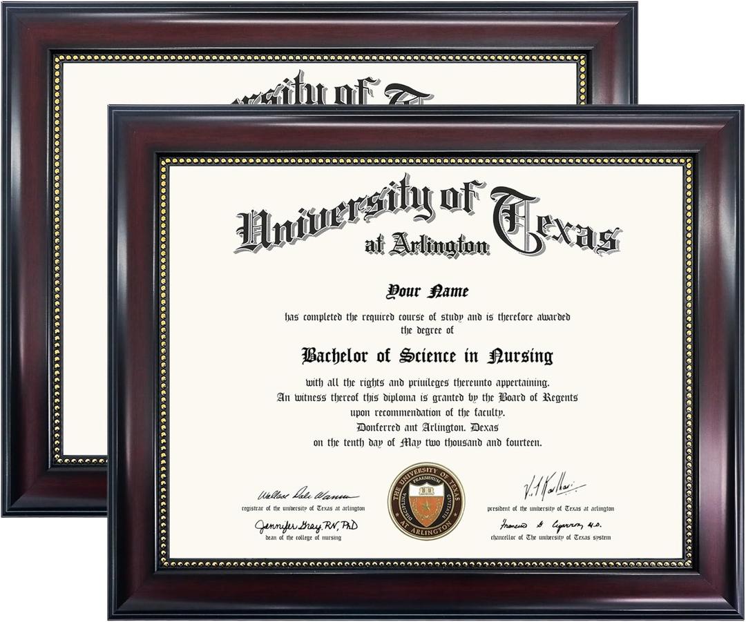 GraduationMall 8.5x11 Certificate Diploma Frame, UV Protection Acrylic, Mahogany with Gold Beads, Set of 2
