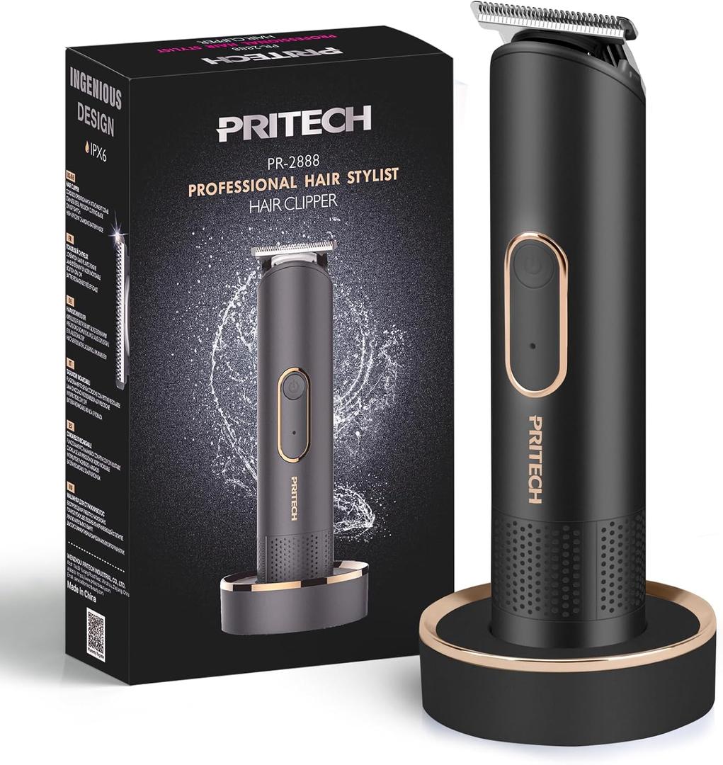 PRITECH Bikini Trimmer for Women - Rechargeable Pubic Hair Trimmer for Sensitive Skin, Wet&Dry Use, Pain-Free Electric Razor&Shaver with Standing Recharge Dock, Ideal Gift for Women, Black