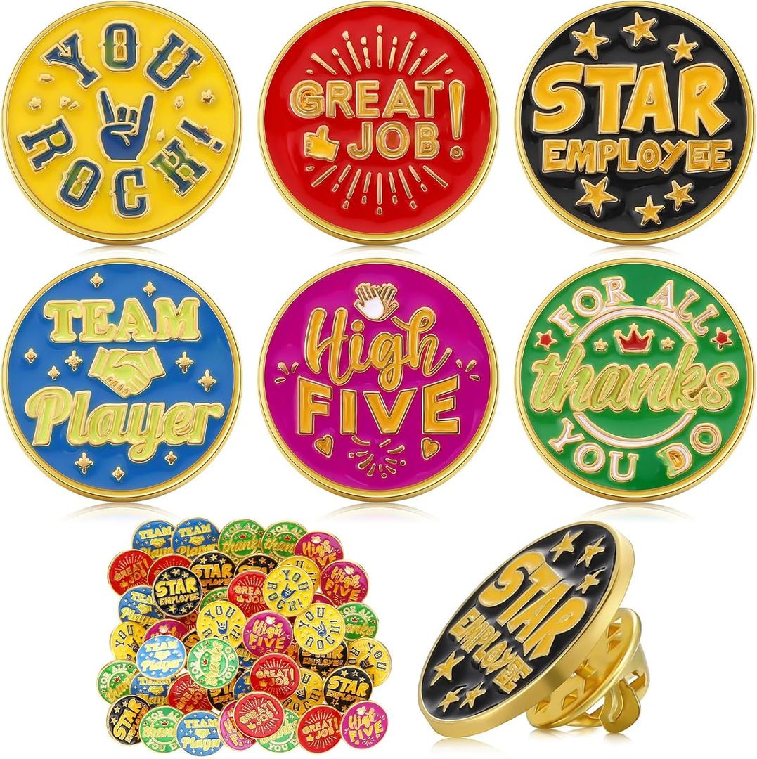 Zeyune 48 Pcs Recognition Pins Employee of The Month Lapel Pin 3/4 Inch Employee Appreciation Pins Team Gift for Award Employees Staff Bulk(Reward Style)