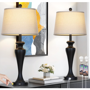 30" Black Table Lamps Set of 2, Touch Control Tall Living Room Lamp with USB A+C Ports and AC Outlet, 3-Way Dimmable Bedside Lamps for Nightstand, Modern Metal Bedroom Lamp, 2 Bulbs Included