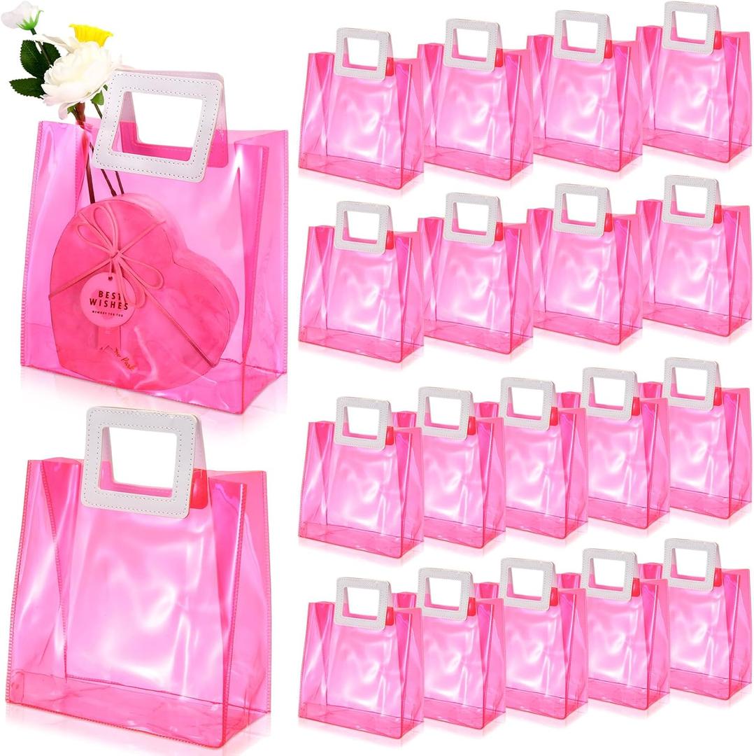 Paterr 20 Pcs Clear Reusable Gift Bags Wedding Wrap Tote Bag with Handles 7.9 x 8.3 x 3.9 Inch PVC Holographic Gift Favor Bags for Wedding Valentine's Day Bridal Party Birthday Mother's Day(Pink)