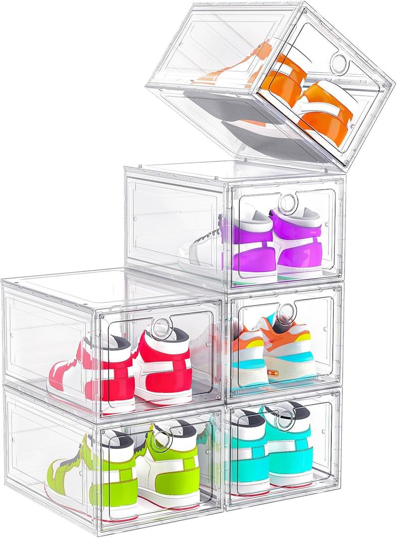 6 Pack Upgrade Harder Shoe Organizer, Shoe Storage with Magnetic Front Door, Clear Shoe Boxes Foldable Space-Saving Shoe Rack for Sneaker Boot Container, White