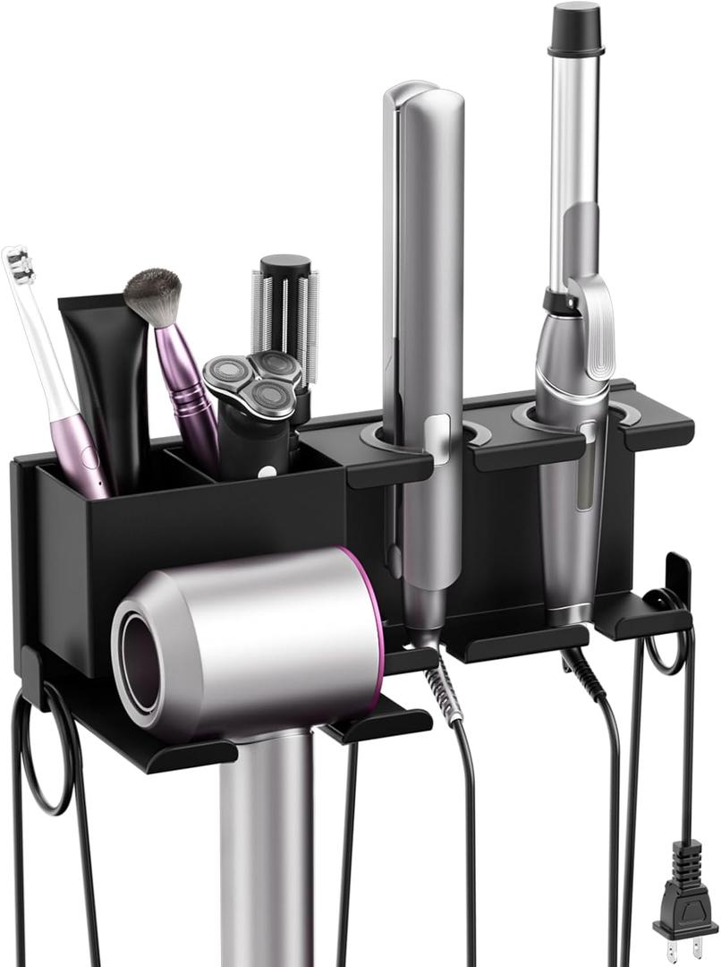 YSD Hair Dryer Holder Wall Mounted, Metal Hair Tools Organizer, Hair Dryer Holder for Blow Dryer, Curling Iron, Straightener, 3 in 1 Bathroom Hair Tool Organizer, Black