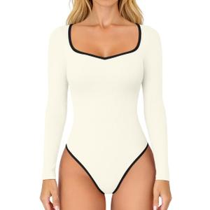 OQQ Women Bodysuit Contrast-Trim Square Neck Long Sleeve Stretch Bodysuit Tops (Small, Beige)