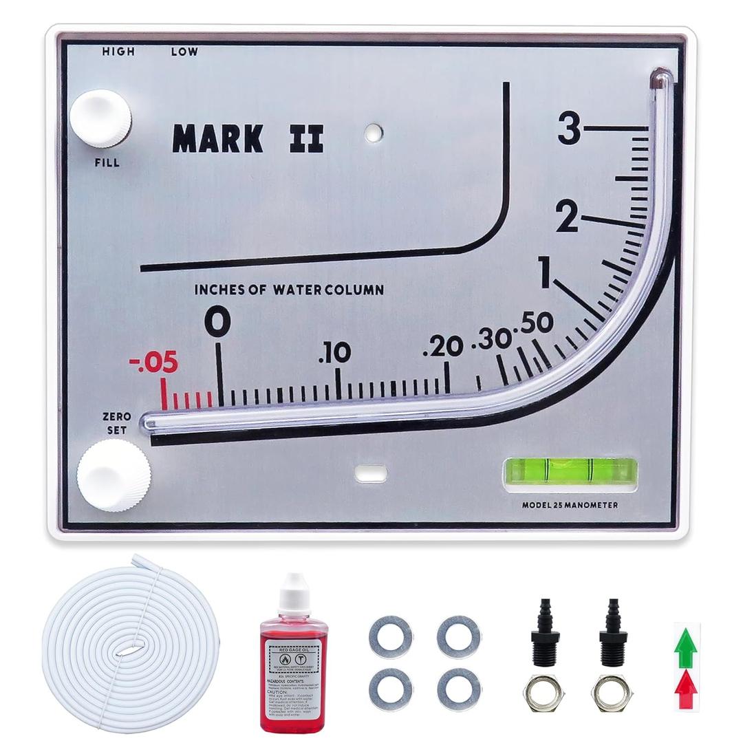 Mark II 25 Liquid Filled Manometer Inspired by Dwyer Ideal for HVAC and General Use with 3% Accuracy, 3" w.c.