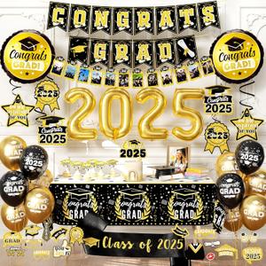 Graduation decorations class of 2025,graduation photo booth props,Balloons of number 2025,Hanging Swirls,tablecloth,cake topper,Black Gold sash for men women graduation party decorationsBlack Gold