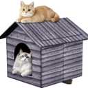 Outdoor Cat House Cat House for Outdoor and Indoor Use - Waterproof Shelter for Cats, Dogs, and Feral Animals (Grey Wood Color, Large)