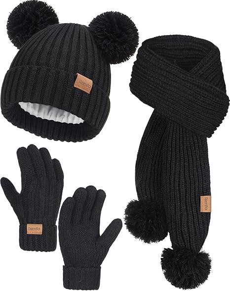Remifa Kids Winter Hat  Scarf Set, Toddler Girls Boy Fleece Lined PomPom Beanie Hat Kint Neck Long Scarf Warm Mittens