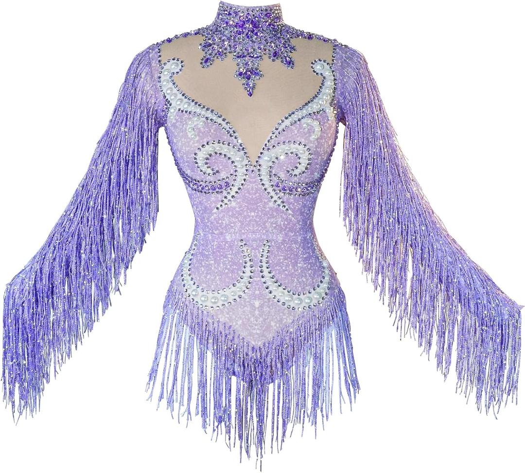 Youmeisha Sexy Fringe Rhinestone Bodysuit Mesh Perspective Women Birthday Party Outfit Team Dance Show Drag Queen Costumes (Purple) Size 12~18
