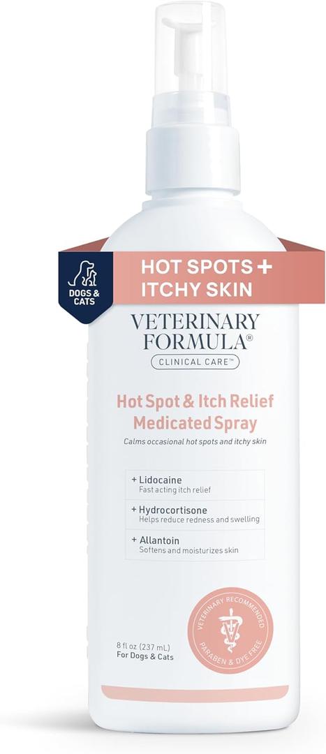 Veterinary Formula Clinical Care Hot Spot & Itch Relief Medicated Spray, 8oz  Easy to Use Spray for Dogs & Cats  Helps Alleviate Sensitive Skin, Scratching, and Licking of Coat (1 Pack)