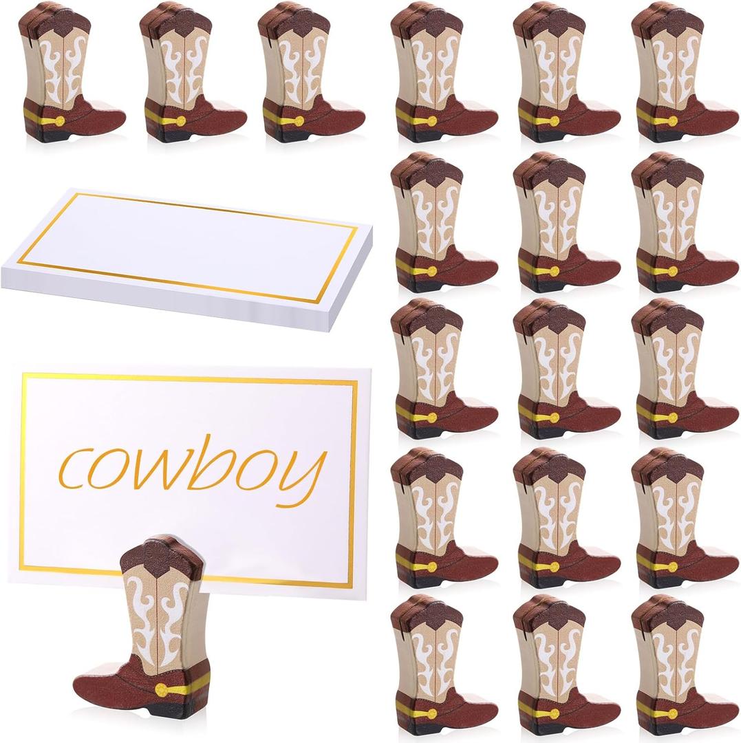 Kigley 18 Pcs Mini Cowboy Boots Wooden Ornaments Place Card Holder and 25 Pcs Gold Foil White Card Picture Number Stands Holder Western Centerpieces for Tables Wedding Anniversary Party Events(Brown)