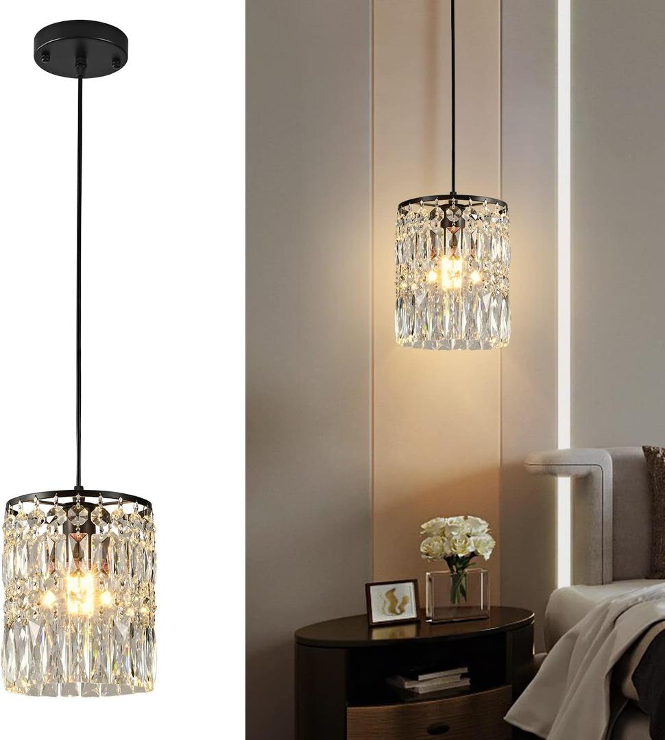 1-Light Crystal Pendant Lighting Modern Black Chandelier for Bedroom Adjustable Kitchen Island Lighting Unique Ceiling Lights Fixtures for Living Room Entrance Hallway