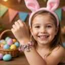 Easter Gifts for Girls, Adjustable Bunny and Egg Cross Charms Bangle,Easter Basket Stuffers Religious Jewelry Gifts with Greeting Card for Girls Teens Kids Women Christian