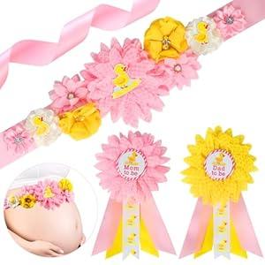 Cheerupp Duck Baby Shower Maternity Sash Kit - Pink Yellow Duck Baby Shower Belly Belt and Mom to Be & Dad to Be Corsage Pins, New Parents Pregnancy Photo Props Party Supplies