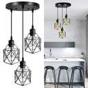 Industrial Pendant Light 3-Light,Adjustable Hanging Light Fixtures,Vintage Farmhouse Pendant Light with Metal Caged for Kitchen Dining Room Hallway,E26 Base,Black