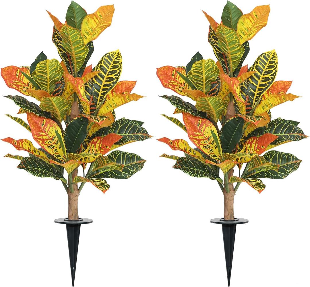 UV-Resistance 35inch Artificial Croton Plant, 2 Pack Fake Croton with Ground Spike, Faux Fiddle Leaf Fig Tree for Outdoor Home Decor