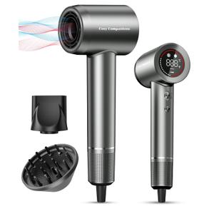 Hair Dryer - Negative Ionic Blow Dryer with 150000 RPM High Speed Brushless Motor for Fast Drying, Low Noise, HD Display Hair Dryer with Diffuser and Nozzle, 5 Temps & 2 Speeds
