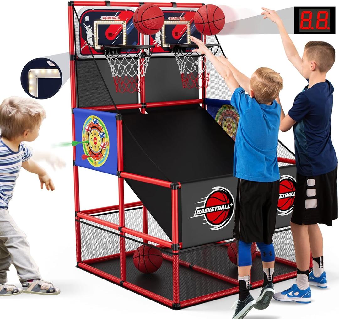 2 in 1 Dual Shot Basketball Arcade Game with 2 Dart Boards/Electronic Scoreboard/LED Light, Kids Basketball Hoop for Home Indoor Outdoor, Sport Toys for Boys Girls